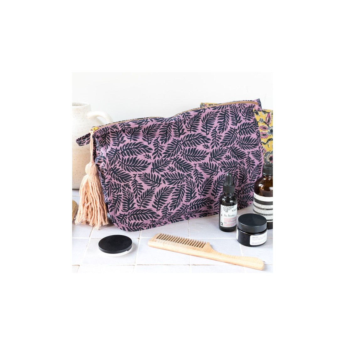 Trousse de toilette en coton - Feuilles mauves (L) Trousse de toilette en coton - Feuilles mauves (L)