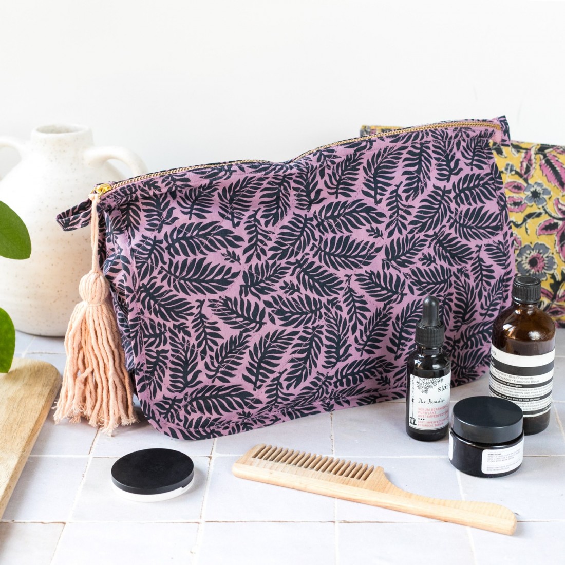 Trousse de toilette en coton - Feuilles mauves (L) Trousse de toilette en coton - Feuilles mauves (L)