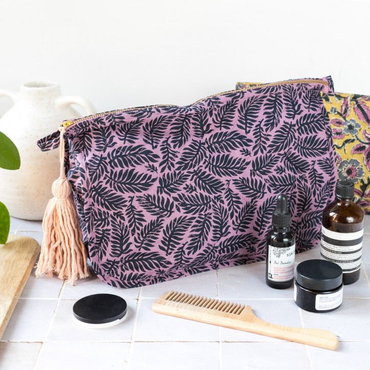 Trousse de toilette en coton - Feuilles mauves (L) Trousse de toilette en coton - Feuilles mauves (L)
