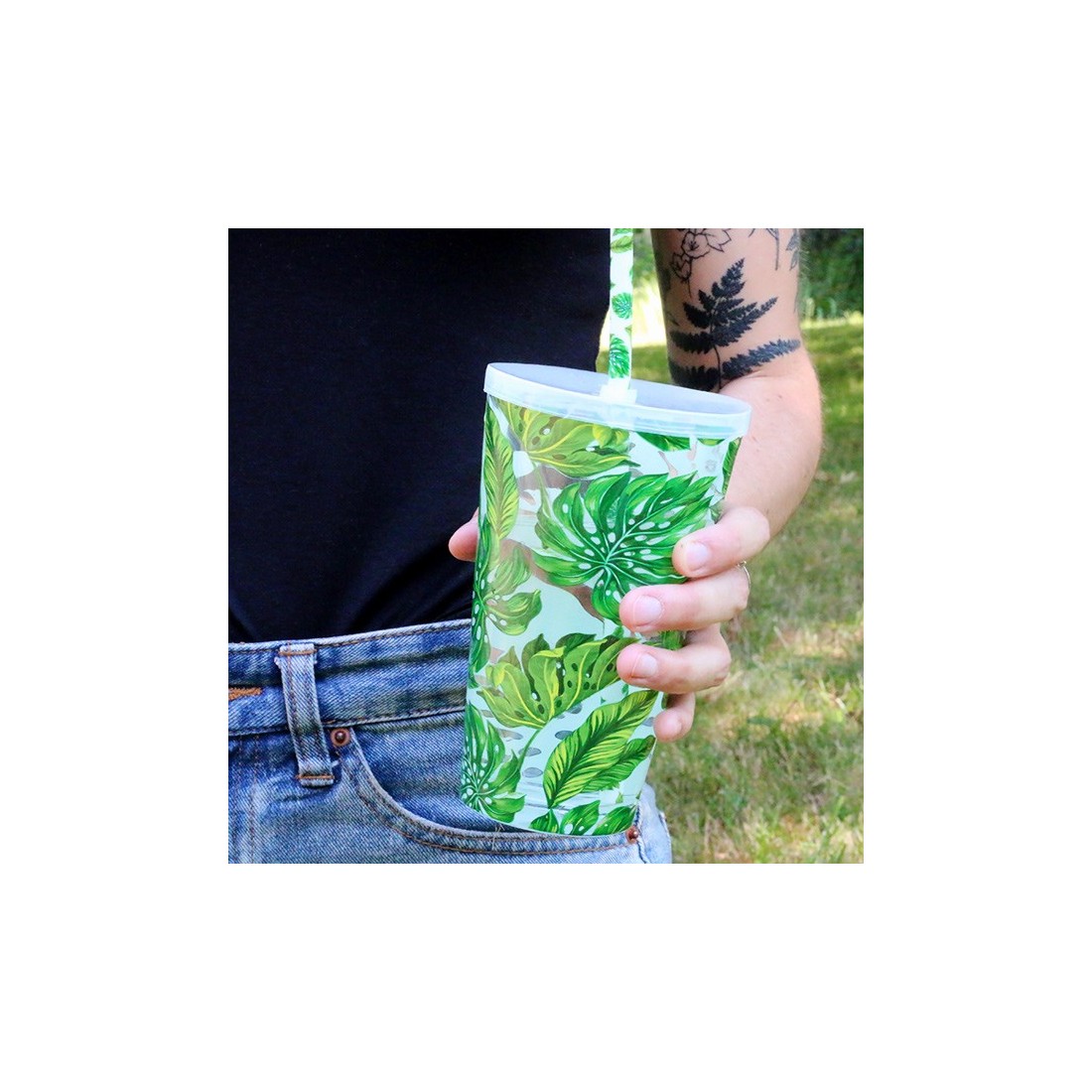 Grand verre + paille + couvercle - Jungle tumbler