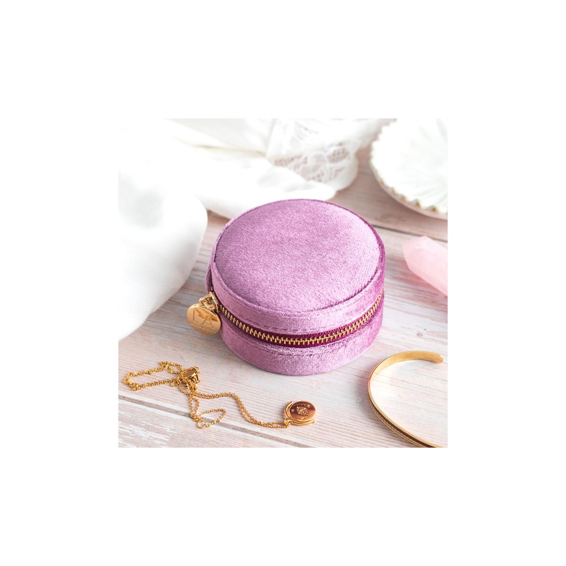 Round travel jewellery case - Mauve velvet Round travel jewellery case - Mauve velvet