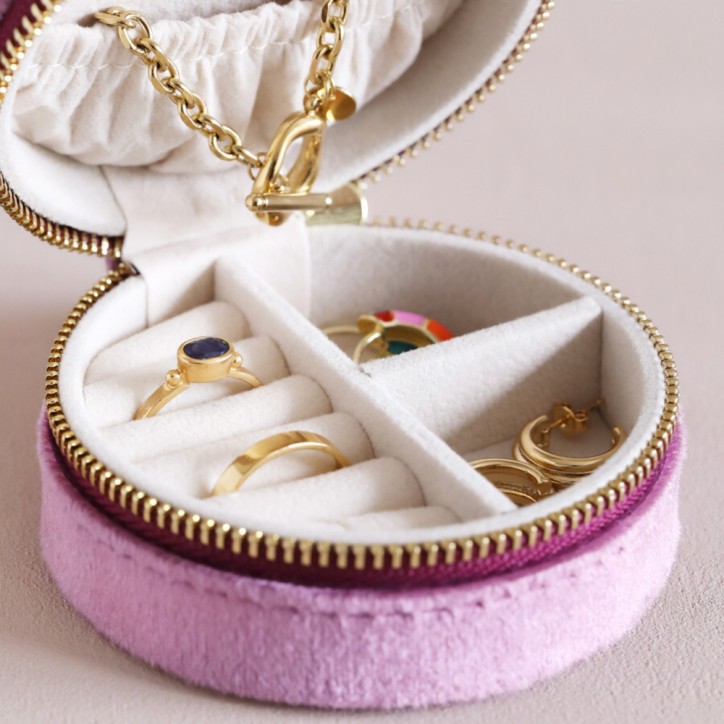 Boîte à bijoux ronde de voyage - Mauve velvet