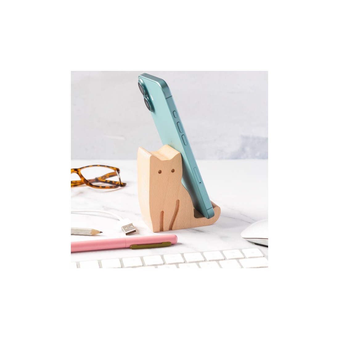 Support en bois pour téléphone - Chat