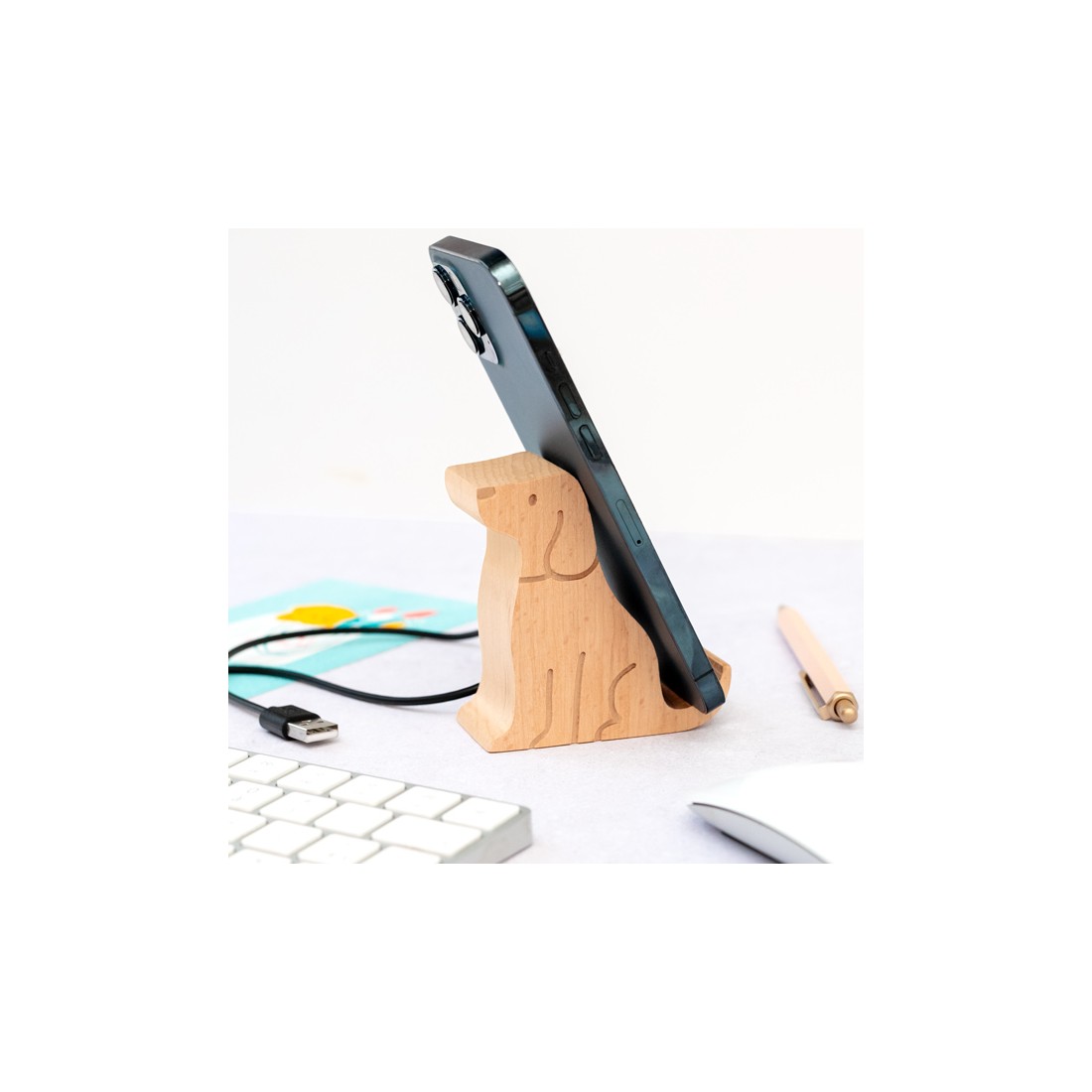 Support en bois pour téléphone - Chien